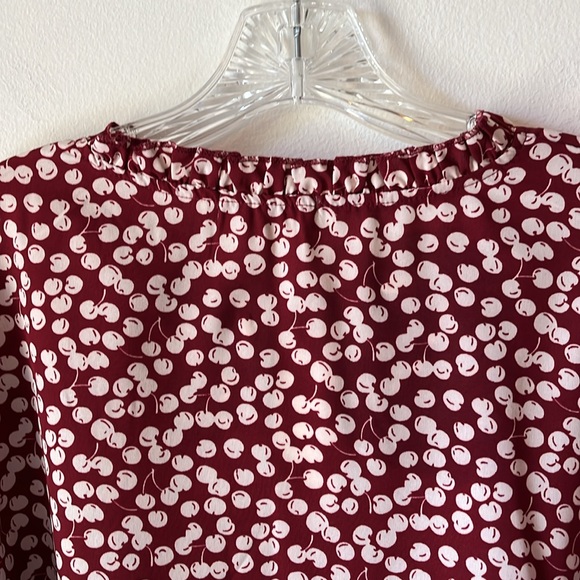 C+D+M Collection Cherry Print Flowy Blouse Balloon Sleeves Ruffle Split Neck - Picture 10 of 16